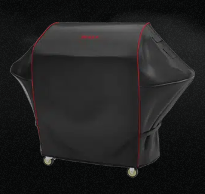 Bull 30-inch Griddle Cart Cover protecting a Bull Complete Griddle Cart with durable black polyester construction and red trim accents