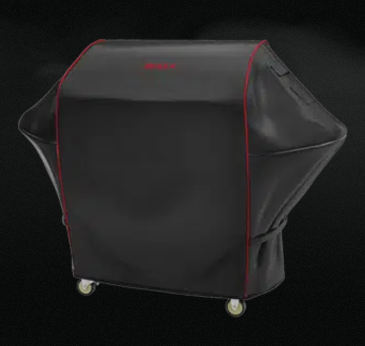 Bull 30-inch Griddle Cart Cover protecting a Bull Complete Griddle Cart with durable black polyester construction and red trim accents