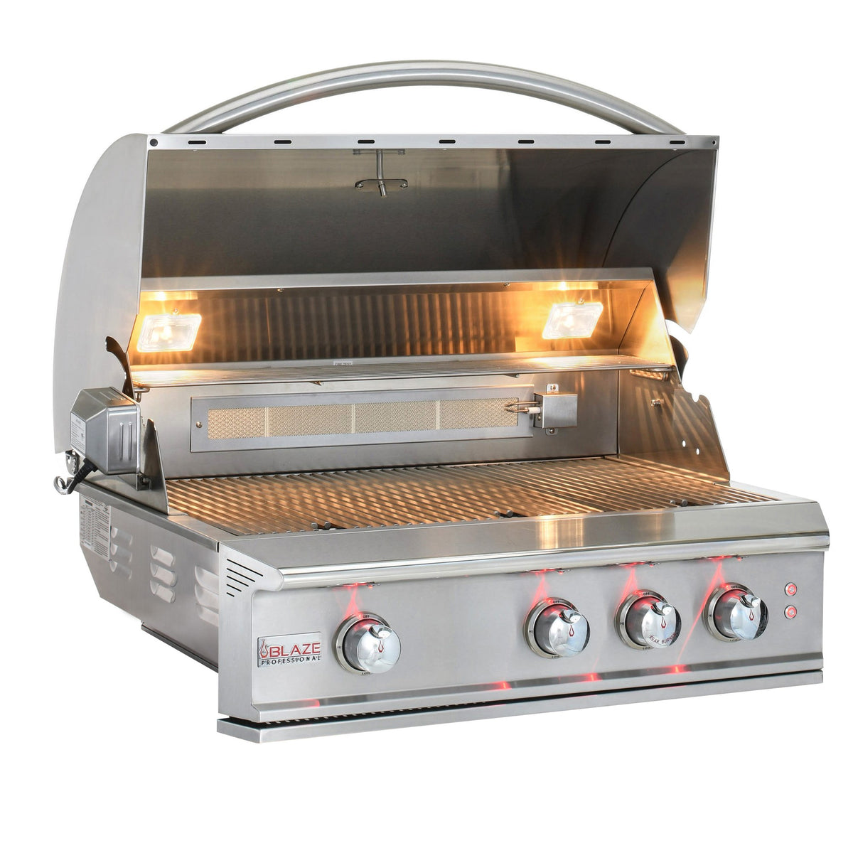 Blaze LUX 34-Inch built-in grill open showing stainless steel cooking surface