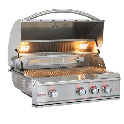 Blaze LUX 34-Inch built-in grill open showing stainless steel cooking surface