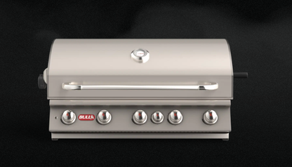 Stainless steel grill with Bull logo on a black background