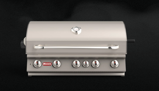 Stainless steel grill with Bull logo on a black background