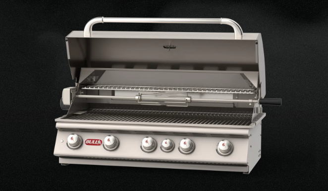 Stainless steel grill with Bull logo on a black background