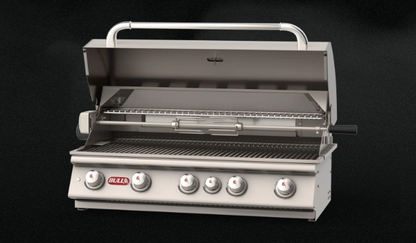 Stainless steel grill with Bull logo on a black background