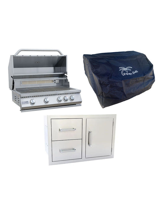 KoKoMo 3 Piece Outdoor Kitchen Package with 32-inch built-in stainless steel BBQ grill, combo door and drawer storage, and weather-resistant grill cover on white background