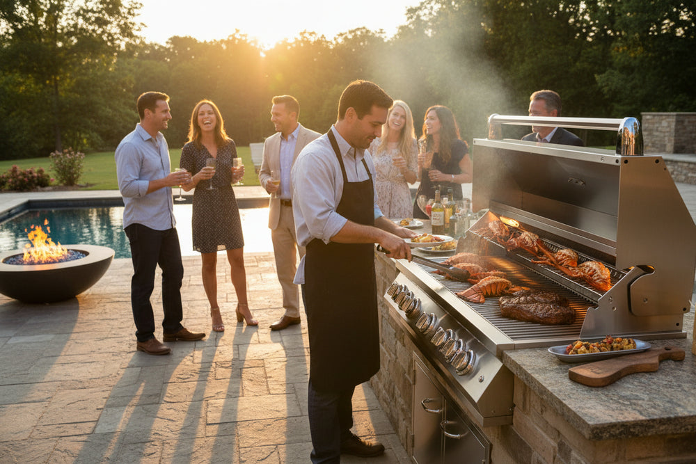 Luxury outdoor entertaining with Kokomo 40 inch professional built in grill at sunset