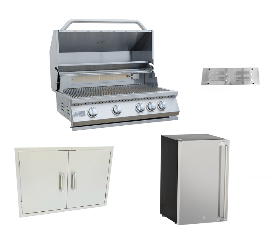 KoKoMo 4 Piece Outdoor Kitchen Package with 32-inch built-in stainless steel BBQ grill, outdoor refrigerator, double access door, and stainless steel vent on white background