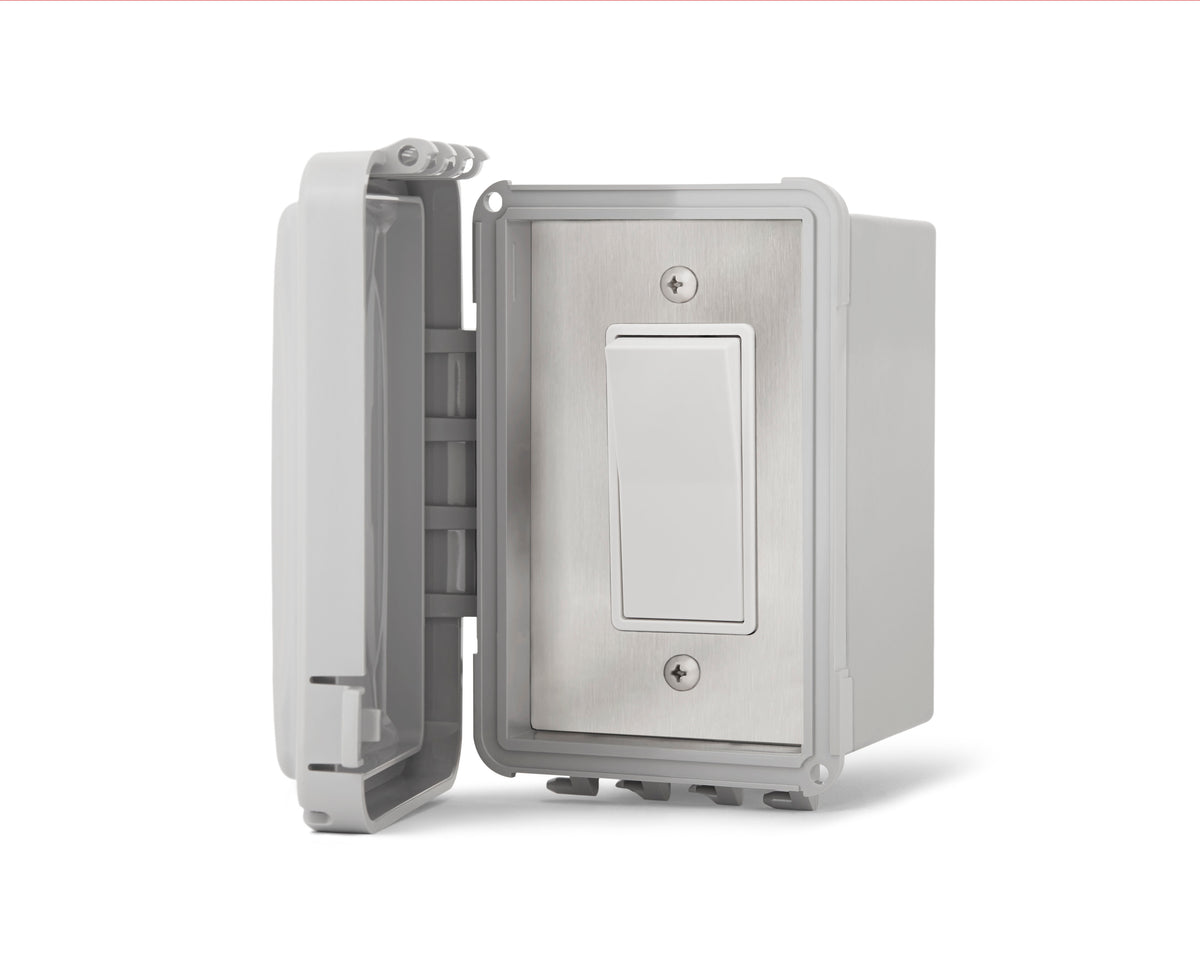 Infratech Comfort Single Surface Mount with weatherproof box, front view with cover open showing stainless steel wall plate