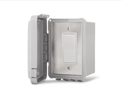 Infratech Comfort Single Surface Mount with weatherproof box, front view with cover open showing stainless steel wall plate