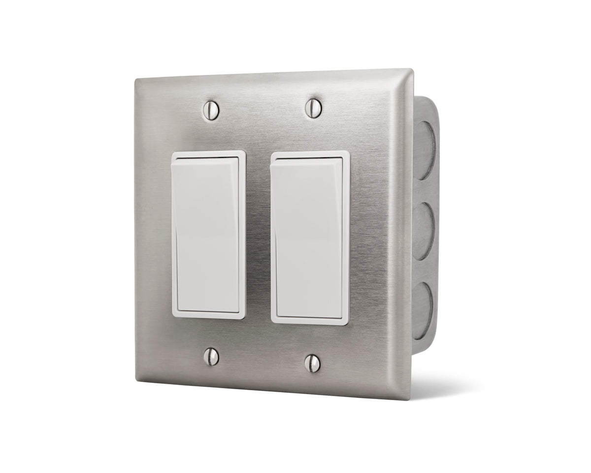Infratech Comfort 14-4405 stainless steel dual wall plate and gang box with two white rocker switches, for infrared heater control