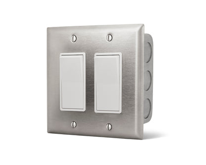 Infratech Comfort 14-4405 stainless steel dual wall plate and gang box with two white rocker switches, for infrared heater control