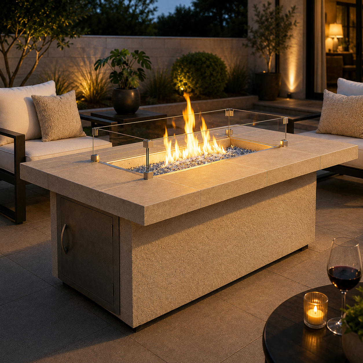 Luxury outdoor patio featuring the Cal Flame Phoenix RT501M rectangular gas fire pit table with porcelain tile top, glass wind guard, modern cushioned lounge seating, glowing evening flames, and upscale contemporary backyard ambiance at dusk.
