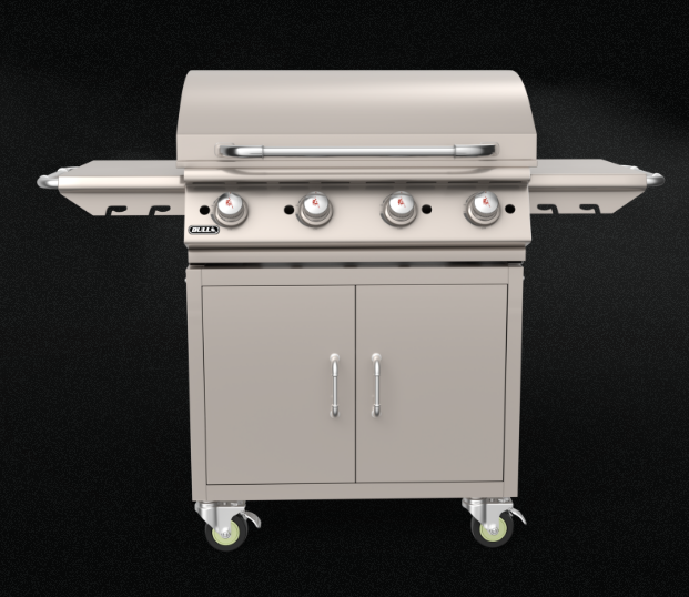 Bull 30-inch stainless steel griddle complete cart with four control knobs, side shelves, enclosed storage cabinet and caster wheels.