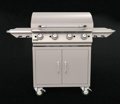 Bull 30-inch stainless steel griddle complete cart with four control knobs, side shelves, enclosed storage cabinet and caster wheels.