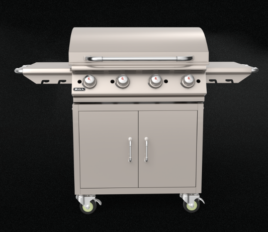Bull 30-inch stainless steel griddle complete cart with four control knobs, side shelves, enclosed storage cabinet and caster wheels.