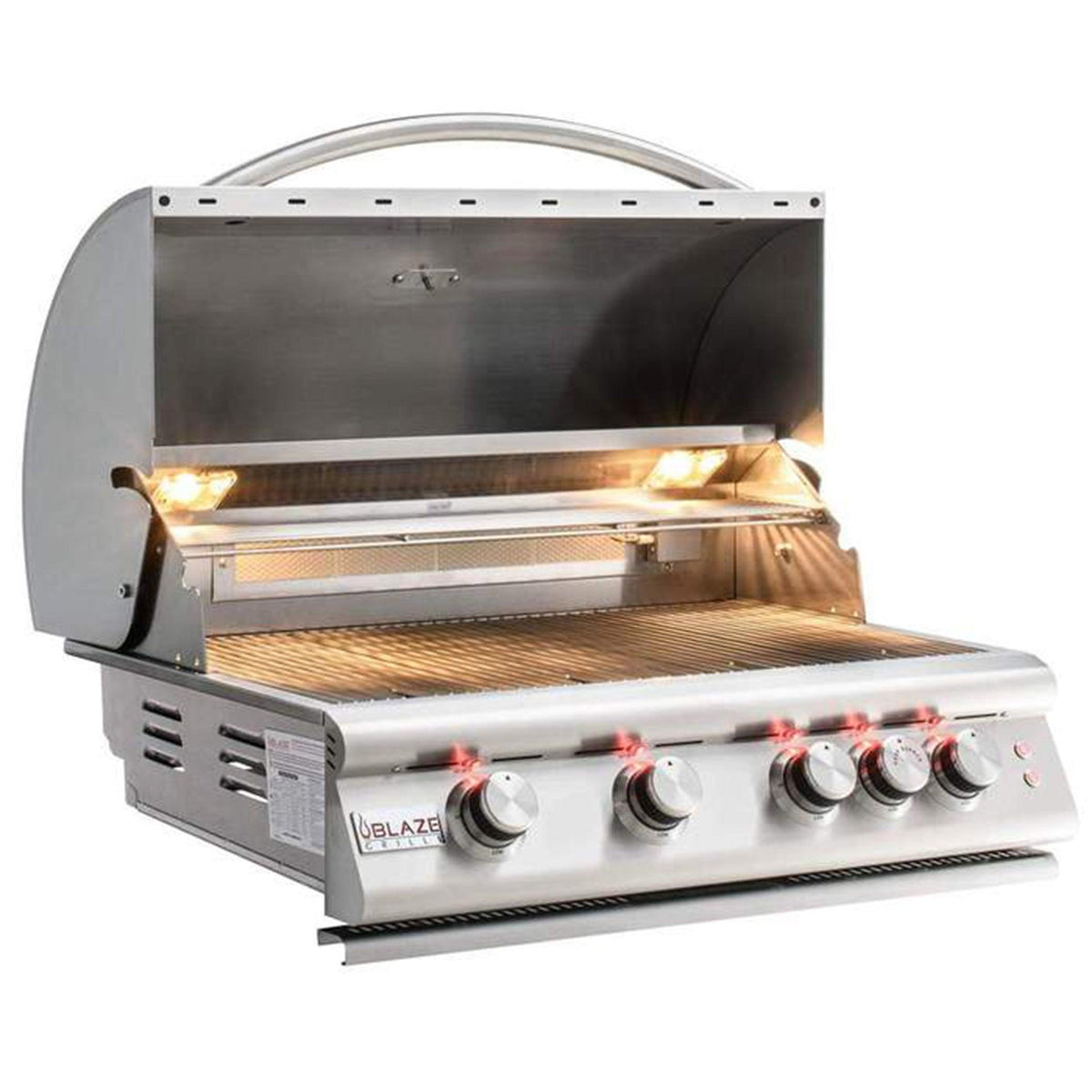 Blaze LTE+ Marine Grade 32-Inch 4-Burner Grill open with illuminated cooking area