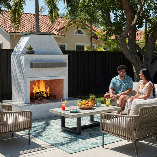 Luxury outdoor stucco fireplace with wrap-around bottom mantle and active wood-style flame display beside a family in a bright resort-inspired courtyard setting.