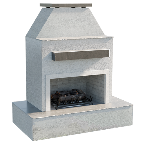 Isolated Cal Flame Key West outdoor fireplace in white stucco finish with wrap-around bottom mantle, stainless accent shelf, and open firebox displayed on a transparent background.