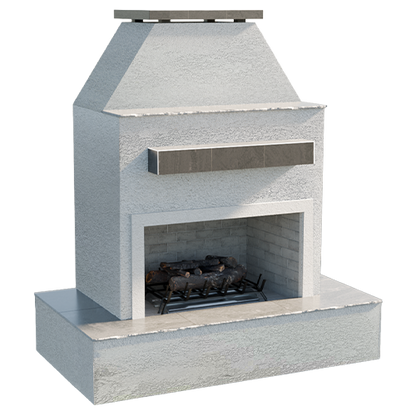 Isolated Cal Flame Key West outdoor fireplace in white stucco finish with wrap-around bottom mantle, stainless accent shelf, and open firebox displayed on a transparent background.