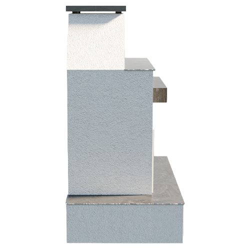 Side profile view of the Cal Flame Key West outdoor fireplace in white stucco finish featuring wrap-around bottom mantle detailing and elevated chimney structure on a transparent background.