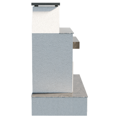 Side profile view of the Cal Flame Key West outdoor fireplace in white stucco finish featuring wrap-around bottom mantle detailing and elevated chimney structure on a transparent background.