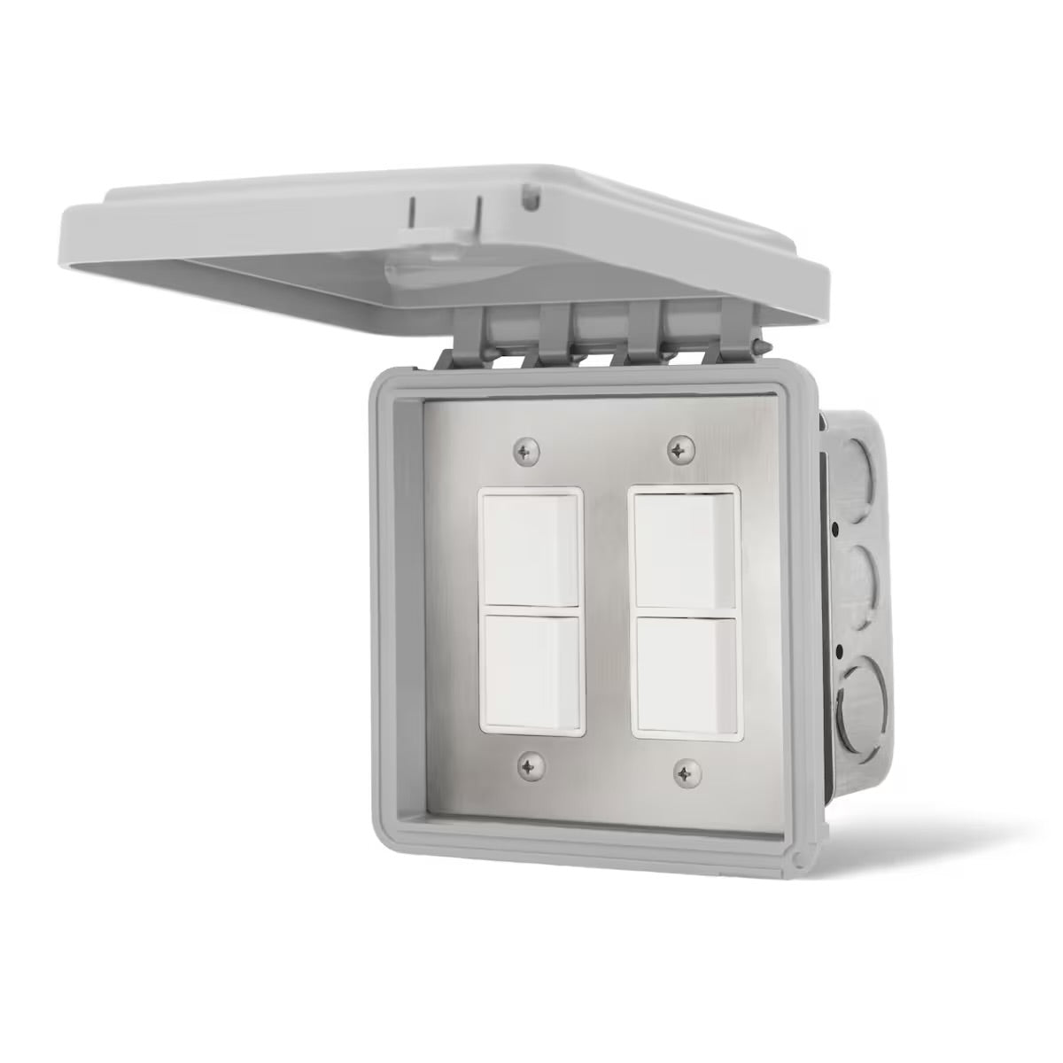 Infratech 14-4305 dual stainless steel flush mount wall plate with two stacked duplex switches and gang box