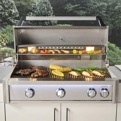 American Outdoor Grill 30-in L-Series built-in gas grill, open hood, cooking steak, corn, chicken, and vegetables outdoors
