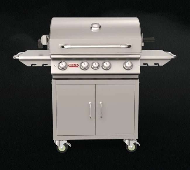 Bull Angus 4-burner stainless steel natural gas grill complete cart with side shelves, storage cabinet and heavy-duty casters.