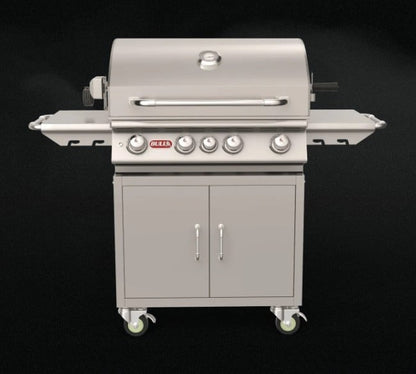 Bull Angus 4-burner stainless steel natural gas grill complete cart with side shelves, storage cabinet and heavy-duty casters.