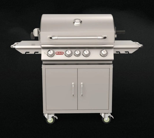 Bull Angus 4-burner stainless steel natural gas grill complete cart with side shelves, storage cabinet and heavy-duty casters.