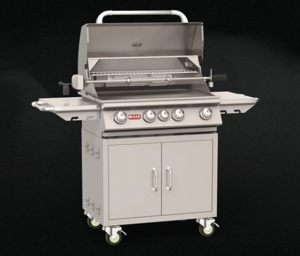 Bull Angus 4-burner stainless steel grill cart with hood open, showing cooking grates, warming rack and rotisserie system.