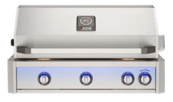 American Outdoor Grill 36-inch L-Series built-in stainless steel gas grill installed in a luxury outdoor kitchen with granite countertops, stone island, LED illuminated control knobs, waterfront sunset view, premium cabinetry, and gourmet entertaining setup.