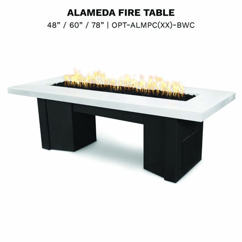 Alameda black and white fire table with rectangular flame opening, modern outdoor fire feature for sophisticated entertaining and gatherings
