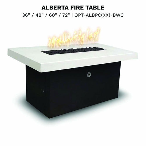Alberta black and white fire table with rectangular flame opening and lava rock bed, modern outdoor fire feature for entertaining spaces