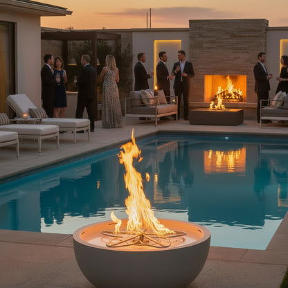 HPC Fire spun aluminum fire bol seton a pool patio with people gathering