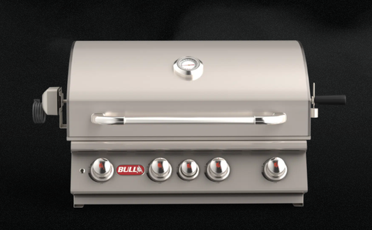 Stainless steel grill with 'BULL' logo on a black background