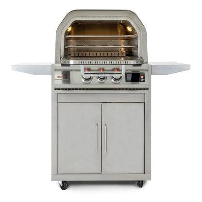 Blaze LTE+ 26-inch outdoor pizza oven on freestanding cart with side shelves