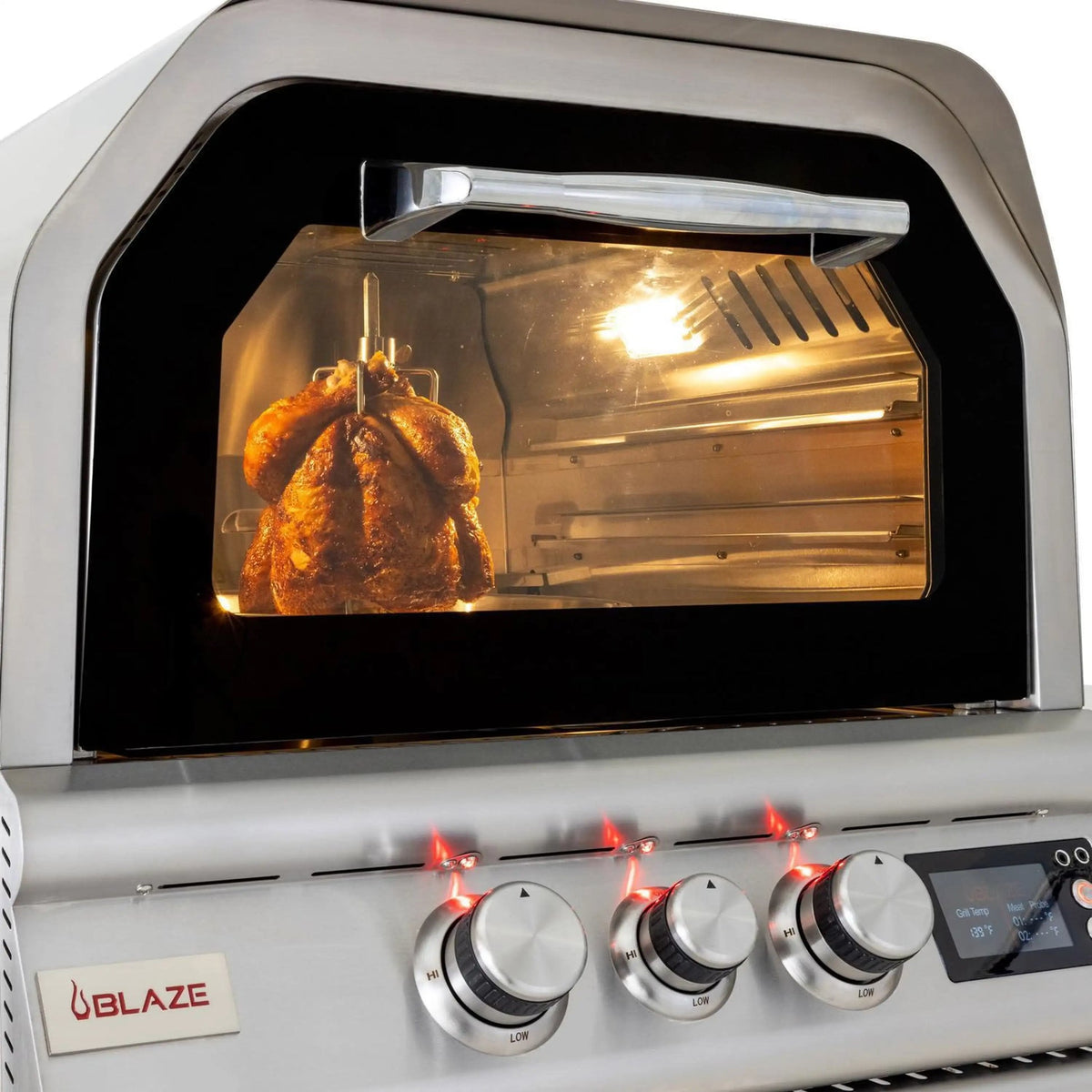 Blaze LTE+ 26-inch outdoor pizza oven with vertical rotisserie chicken