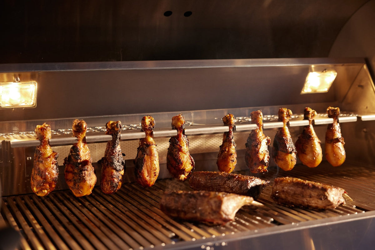 Blaze LTE PRO rear infrared rotisserie burner cooking chicken
