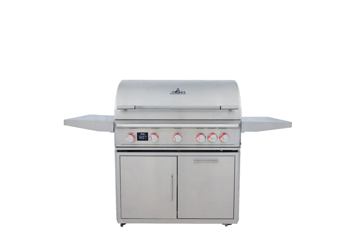 Blaze LTE PRO 40-Inch 5-Burner Gas Grill on stainless steel cart with side shelves