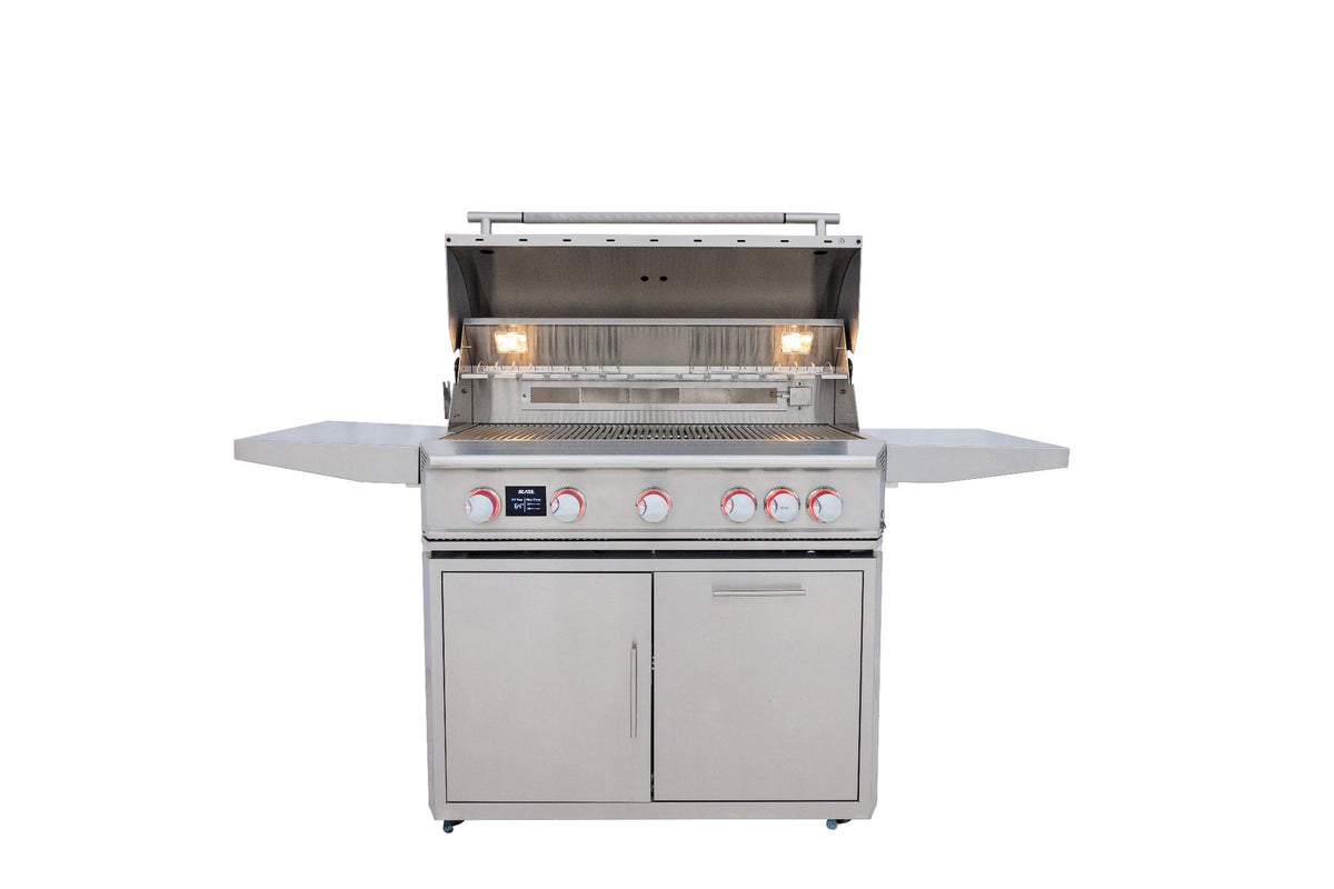 Blaze LTE PRO 40-Inch 5-Burner Gas Grill with hood open on stainless steel cart