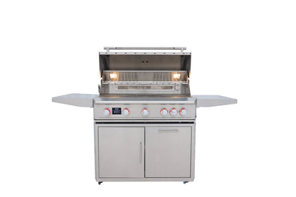 Blaze LTE PRO 40-Inch 5-Burner Gas Grill with hood open on stainless steel cart