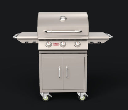 BULL Steer 24-inch 3-burner gas grill on stainless steel cart with side shelves, enclosed storage cabinet and locking casters.