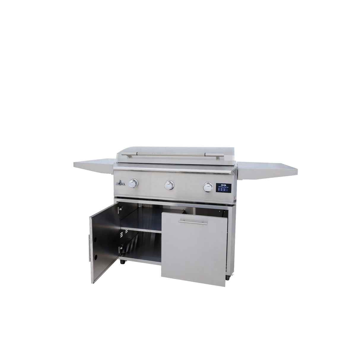 Blaze LTE PRO 40-inch gas griddle with stainless steel cart, open storage doors and side shelves