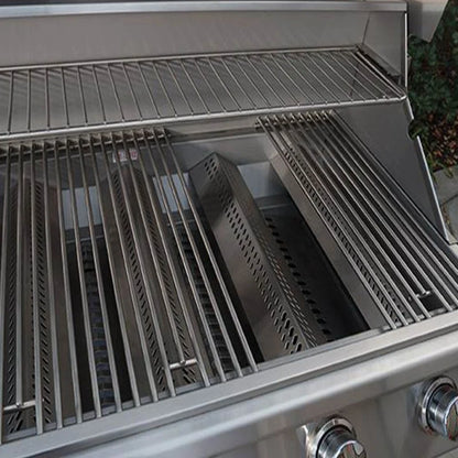 BULL Steer 24-inch 3-burner grill interior showing stainless steel cooking grates, warming rack and flame tamers.