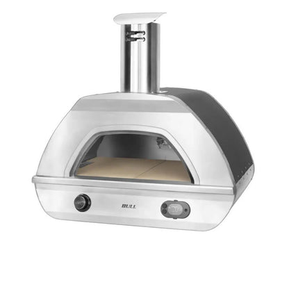 Bull Dual Fuel Countertop Pizza Oven NG – stainless steel outdoor pizza oven with natural gas hookup, dome design, and built-in thermometer.