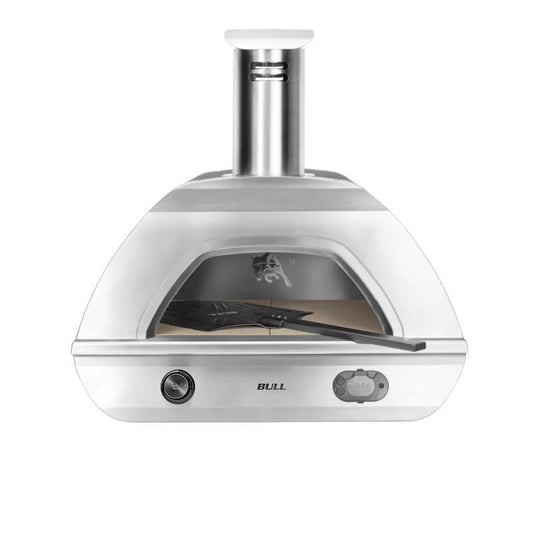 Bull Dual Fuel Countertop Pizza Oven – front-facing view of stainless steel outdoor pizza oven with ceramic stone and included pizza peel