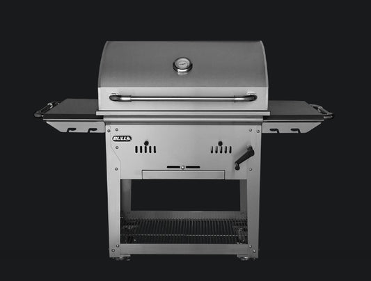 Bull Bison Premium Complete Cart charcoal grill shown closed, highlighting its 304 stainless steel body, heavy-duty thermometer, and freestanding complete cart design.