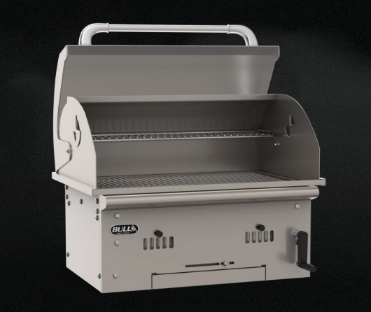 Bull Bison Premium Drop-In Charcoal Grill shown open, featuring heavy-duty stainless steel grates, warming rack, and adjustable charcoal bed.