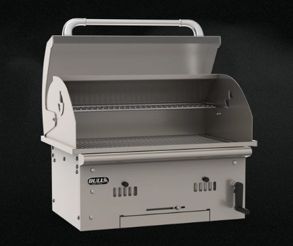 Bull Bison Premium Drop-In Charcoal Grill shown open, featuring heavy-duty stainless steel grates, warming rack, and adjustable charcoal bed.